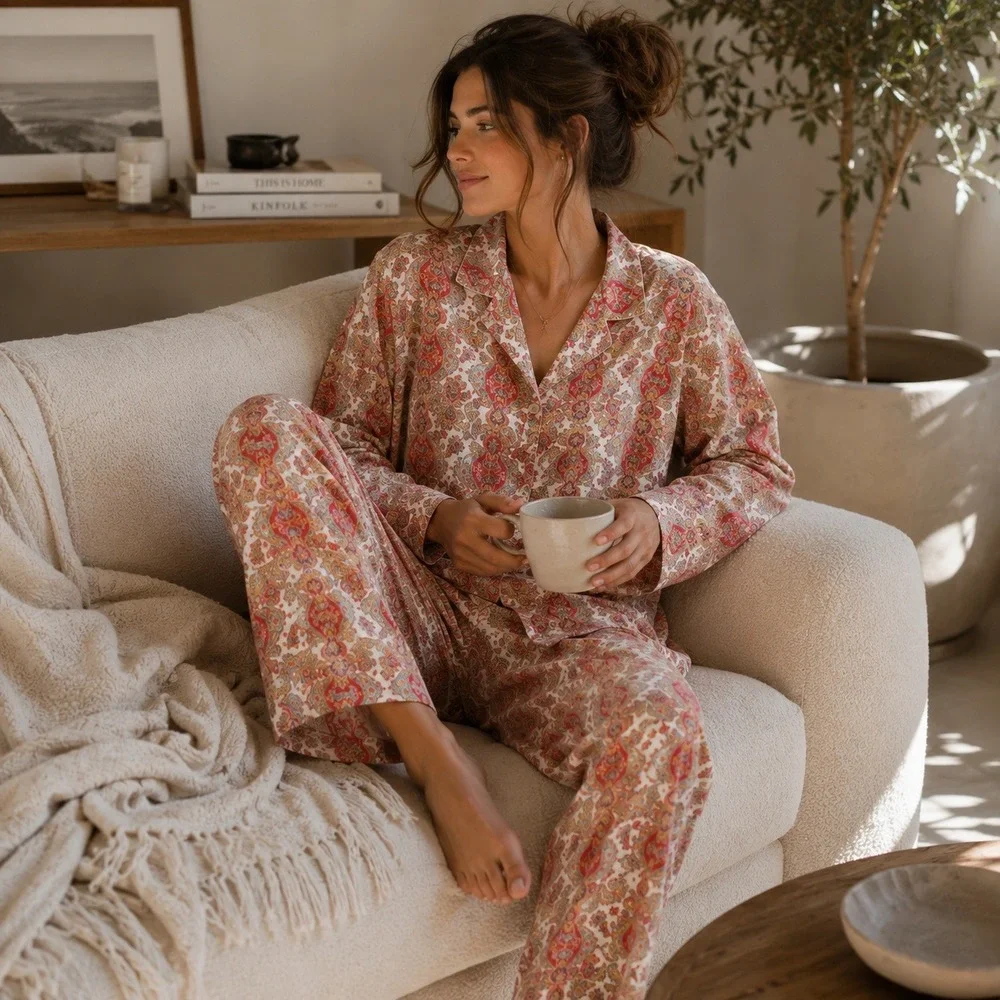 Lauren Ralph Lauren Womens Pajama Set Red Paisley Cotton Blend Large LRL Lounger